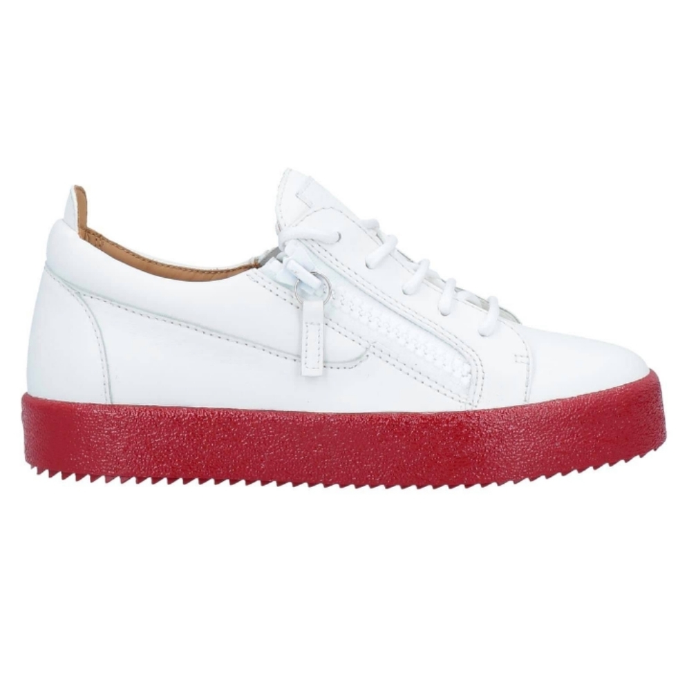 White Leather Low-Top Sneaker with Red Platform Sole